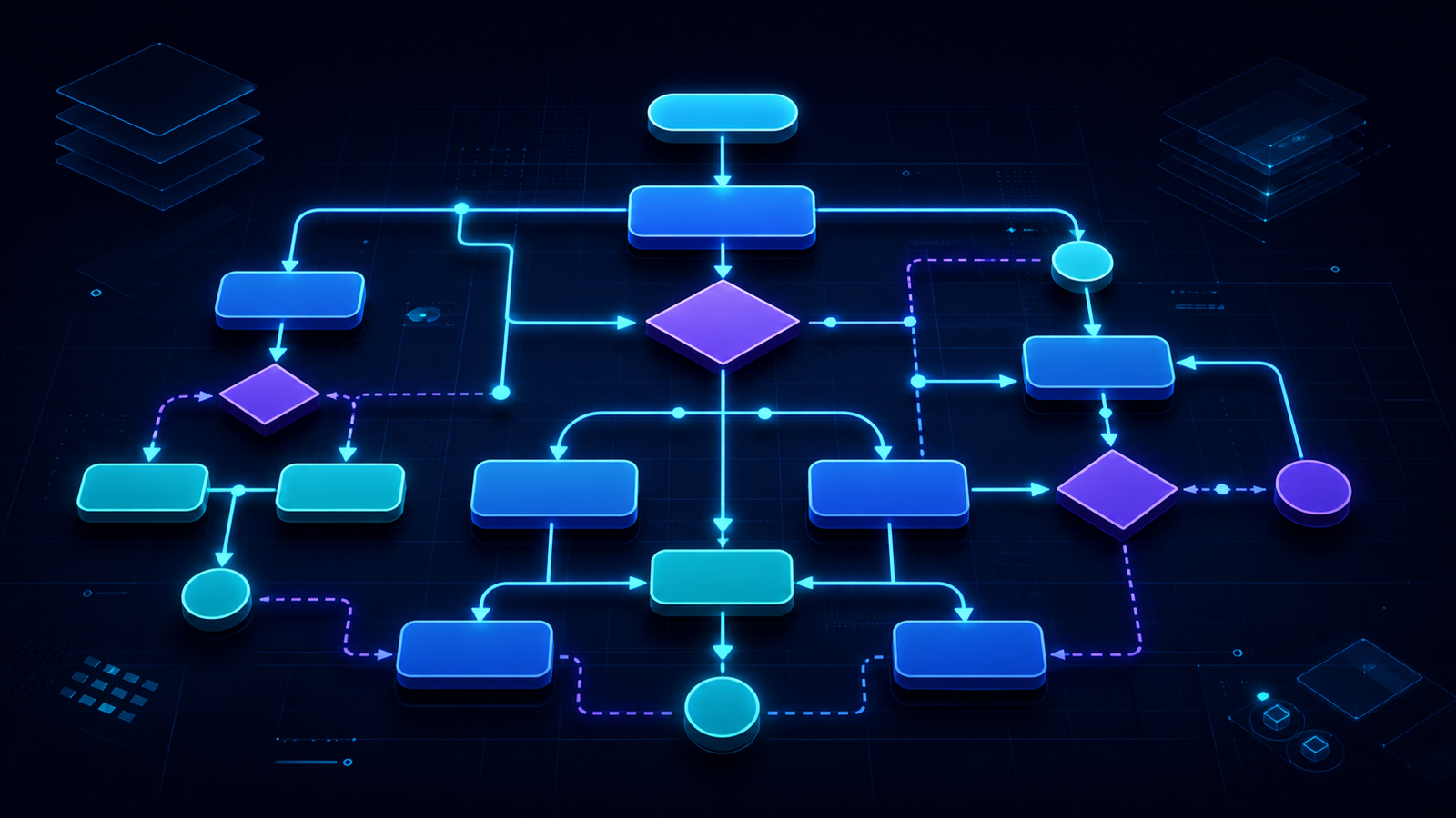Neon flowchart with connected process nodes, decisions and directional paths