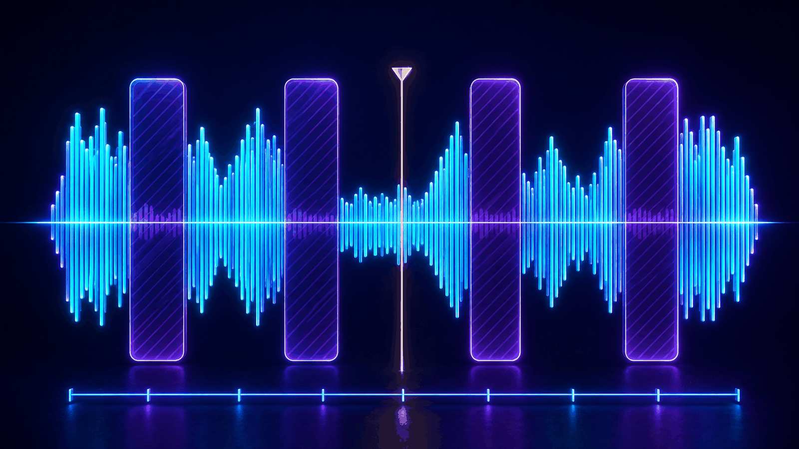 Neon blue audio waveform on a dark stage, with hatched violet blocks marking the silent sections to be cut, an amber playhead and a timeline below