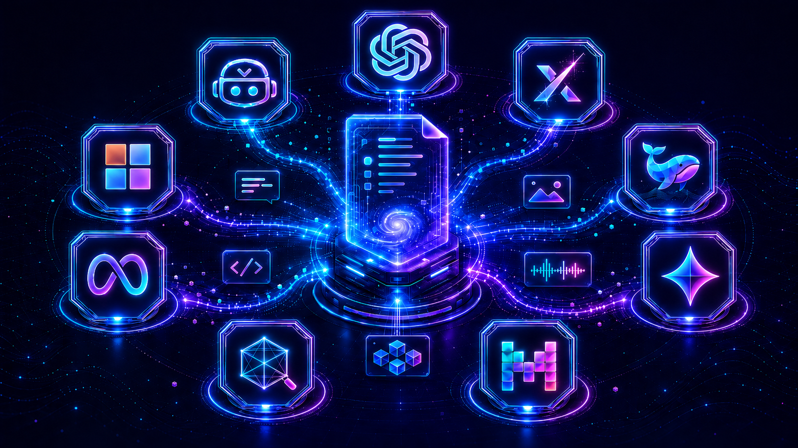 Generative artificial intelligence ecosystem connected to models, code, images, audio, and agents