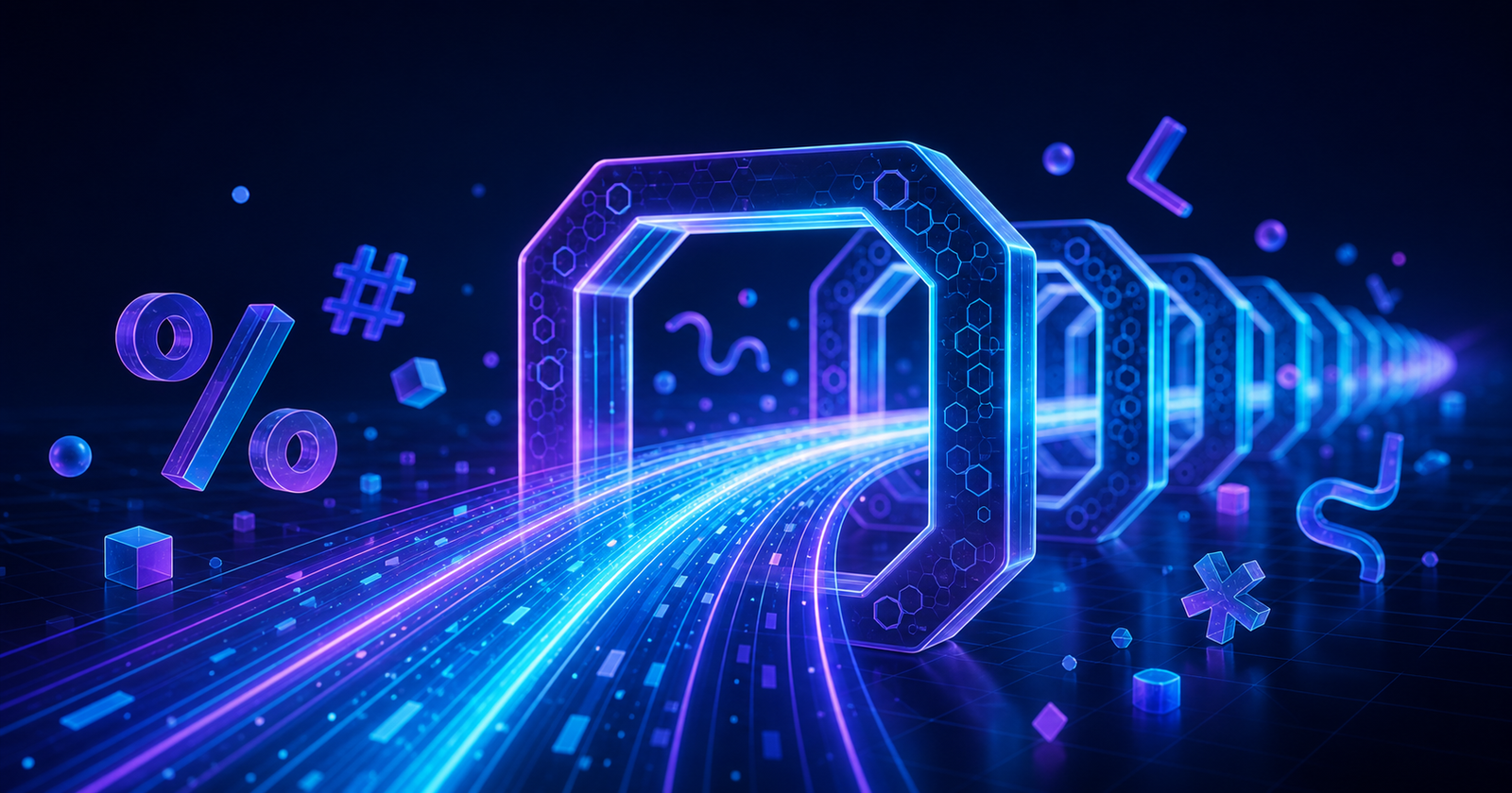Neon web address flowing through percent-encoded character symbols