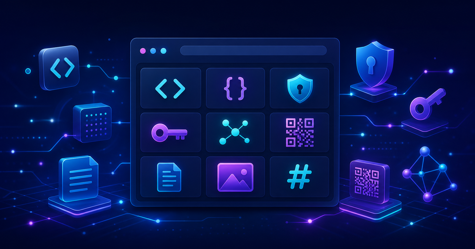 Illustration of a browser-based developer toolbox with code, security, document and QR code utilities