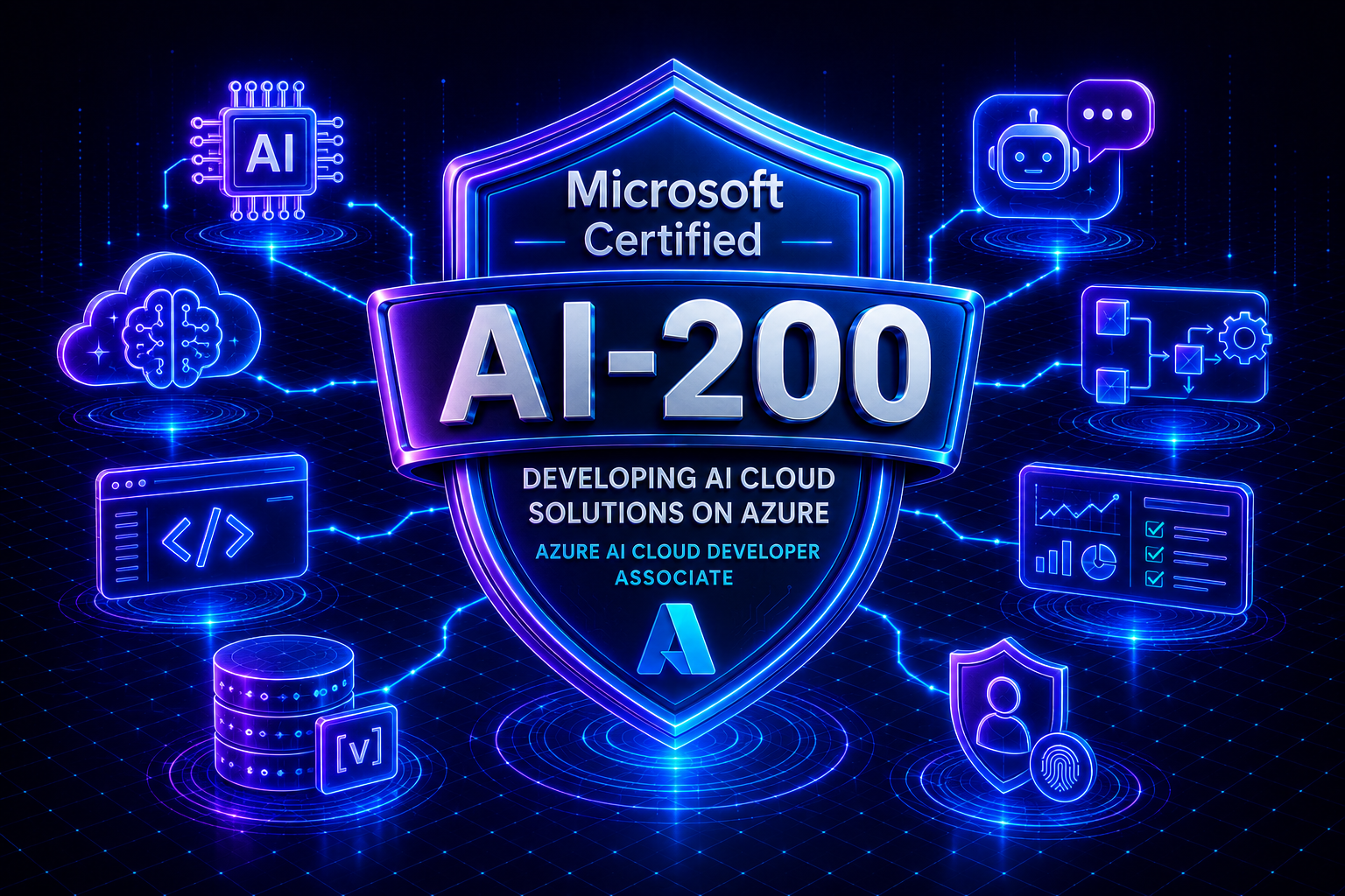 Escudo neon Microsoft Certified AI-200 Azure AI Cloud Developer Associate cercado por símbolos de nuvem, código, dados, segurança, automação, monitoramento e IA