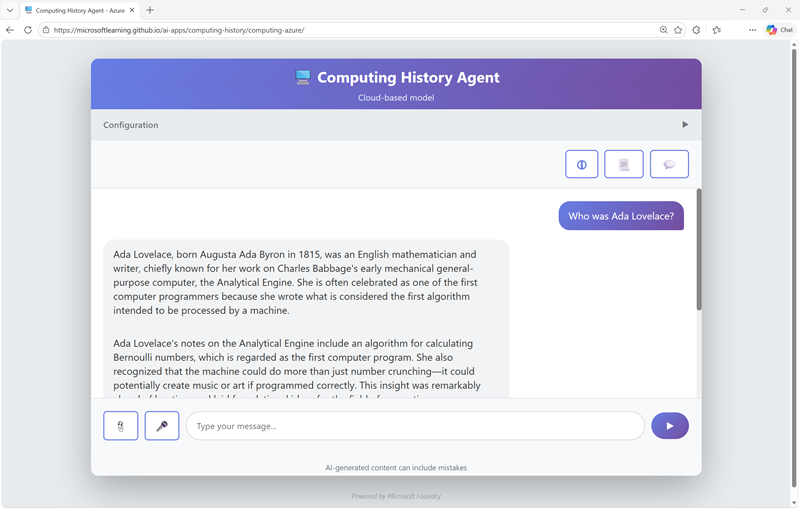 Original screenshot of the Computing History Agent answering a question.