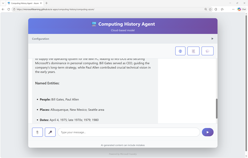 Original screenshot of the agent extracting people, places, and dates from text.