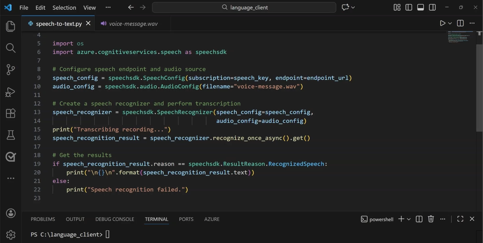 Original screenshot of Python speech-recognition code.