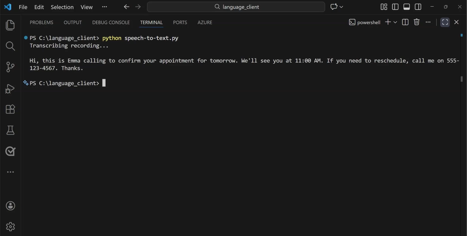Original terminal screenshot showing the voicemail transcript.