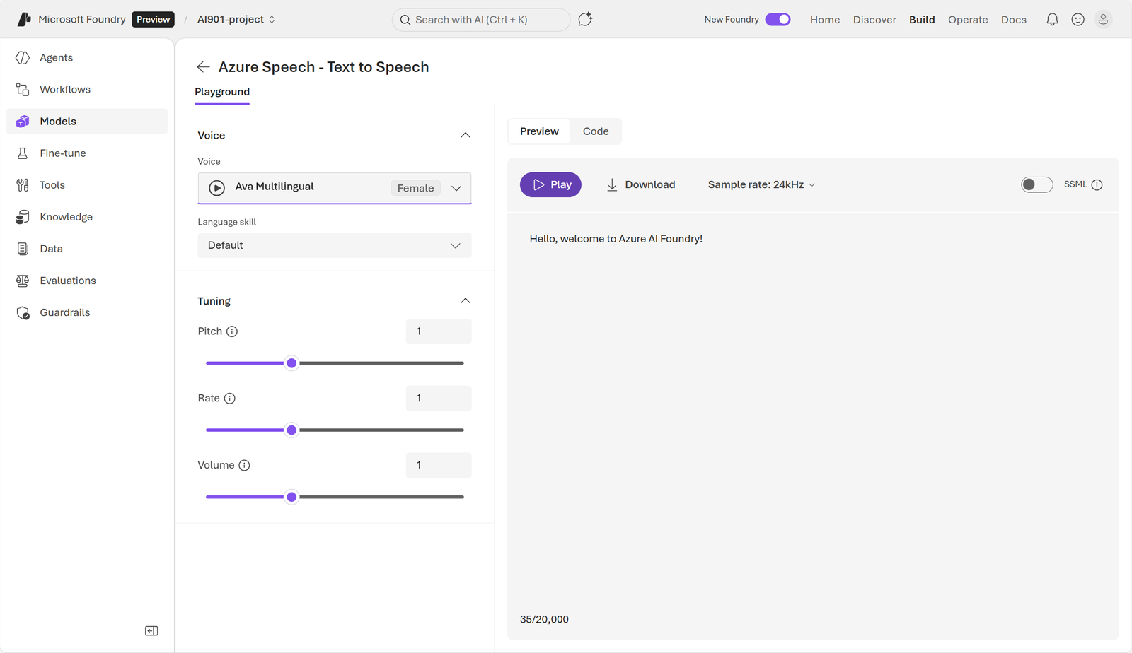 Original Text to Speech playground screenshot in Microsoft Foundry.