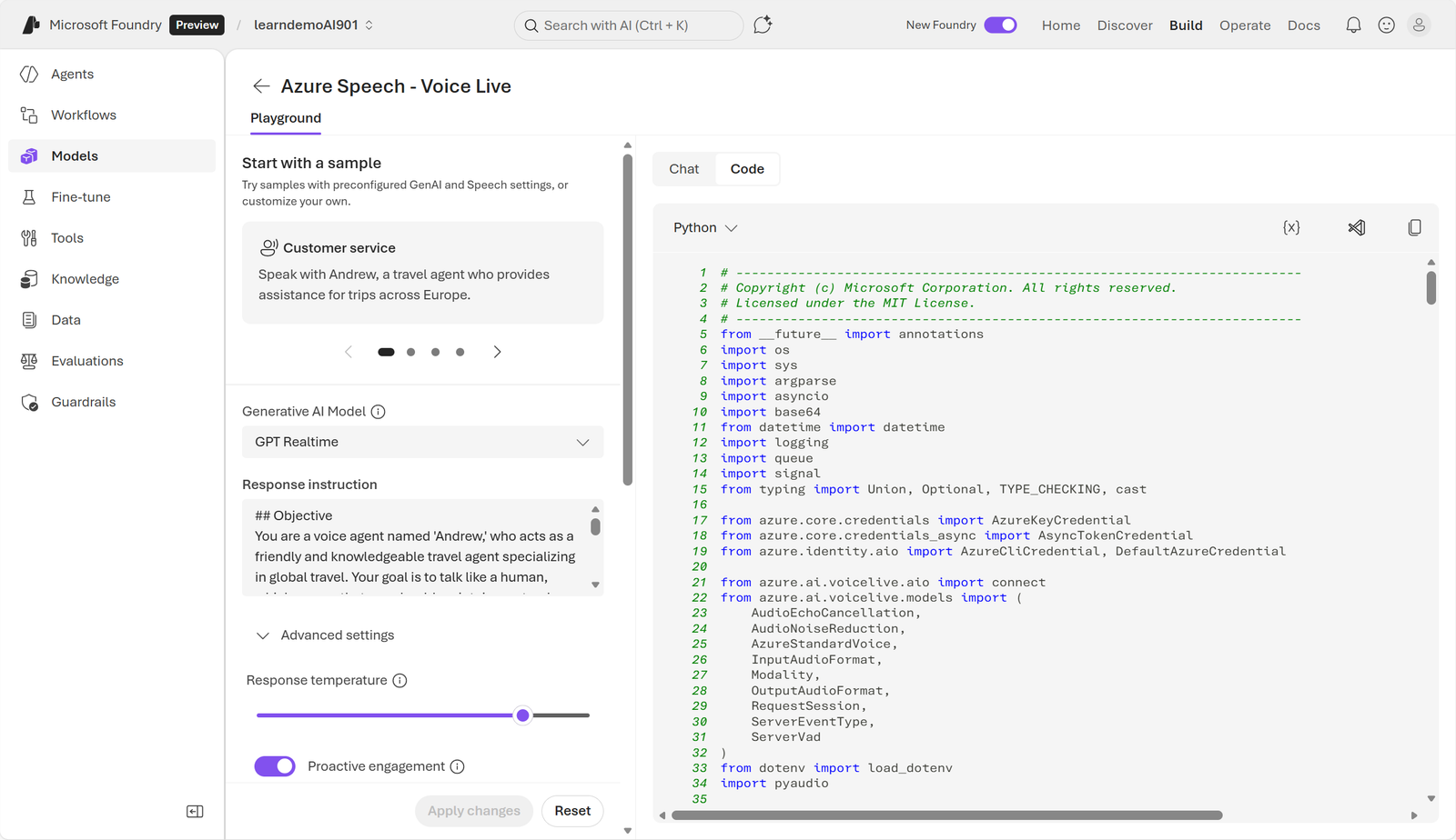 Original screenshot of integration code shown by the Voice Live playground.