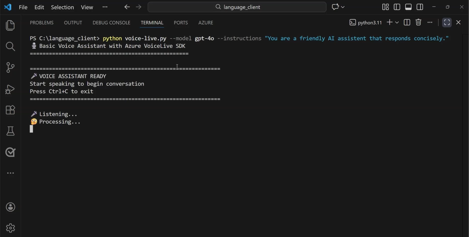 Original screenshot of a Voice Live client running in a terminal.