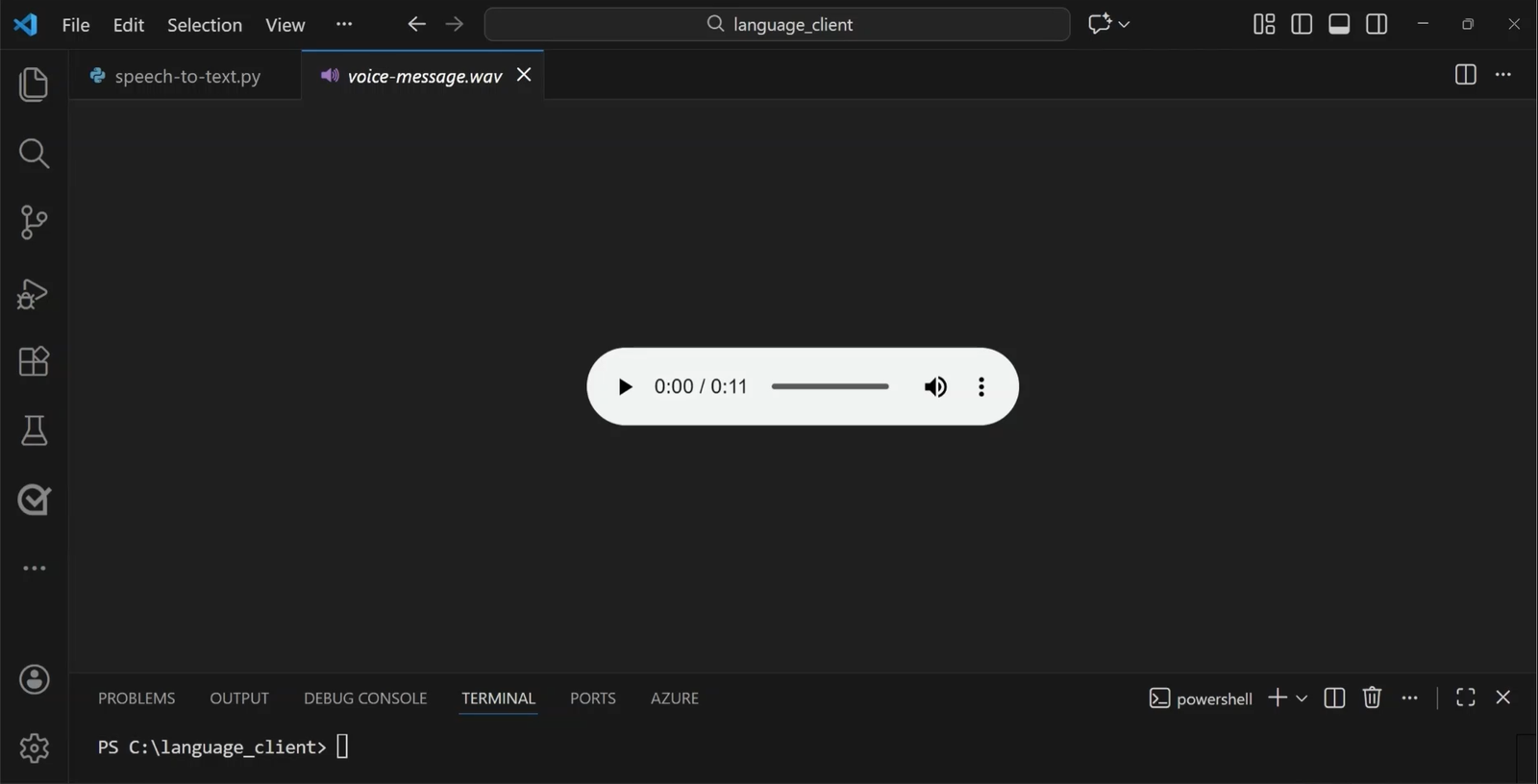 Original screenshot of a voicemail audio file in Visual Studio Code.