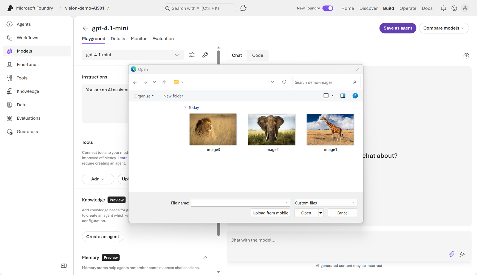 Captura original do envio de imagens ao Playground do Microsoft Foundry.