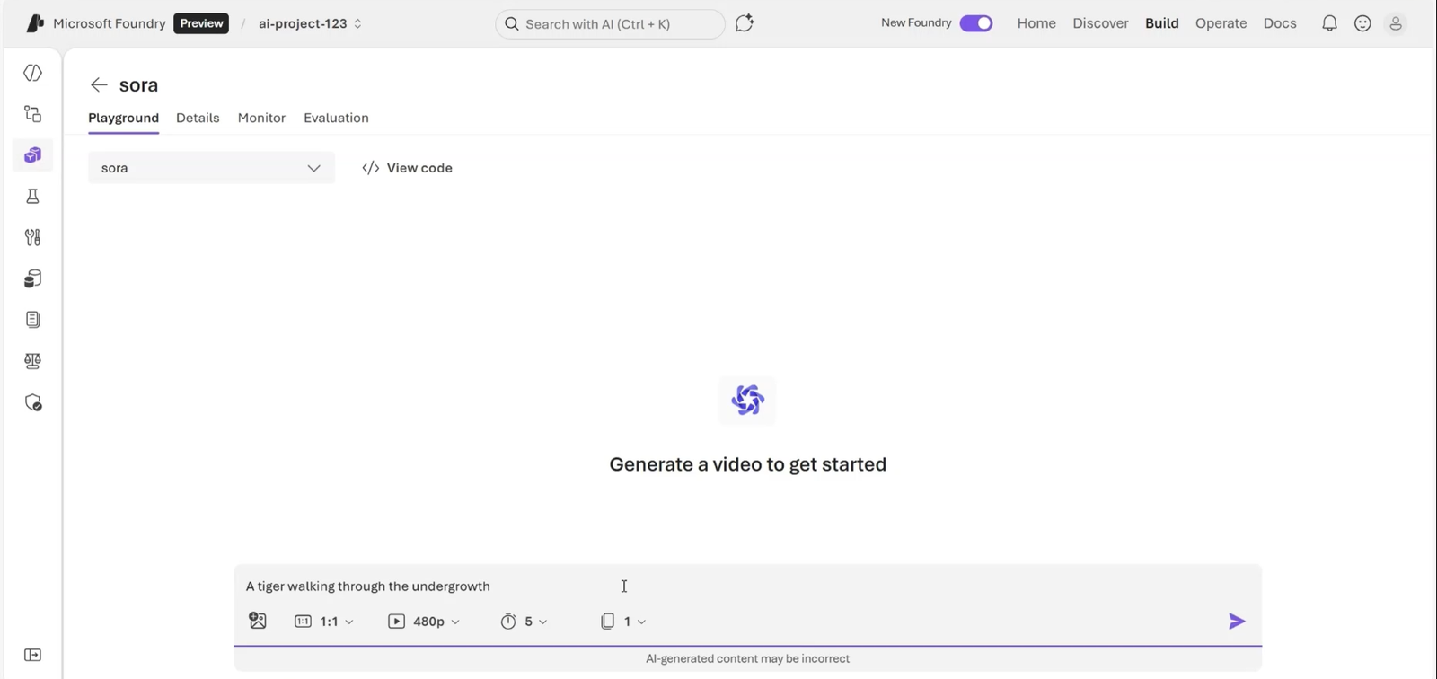 Captura original do Playground de vídeo com um prompt.