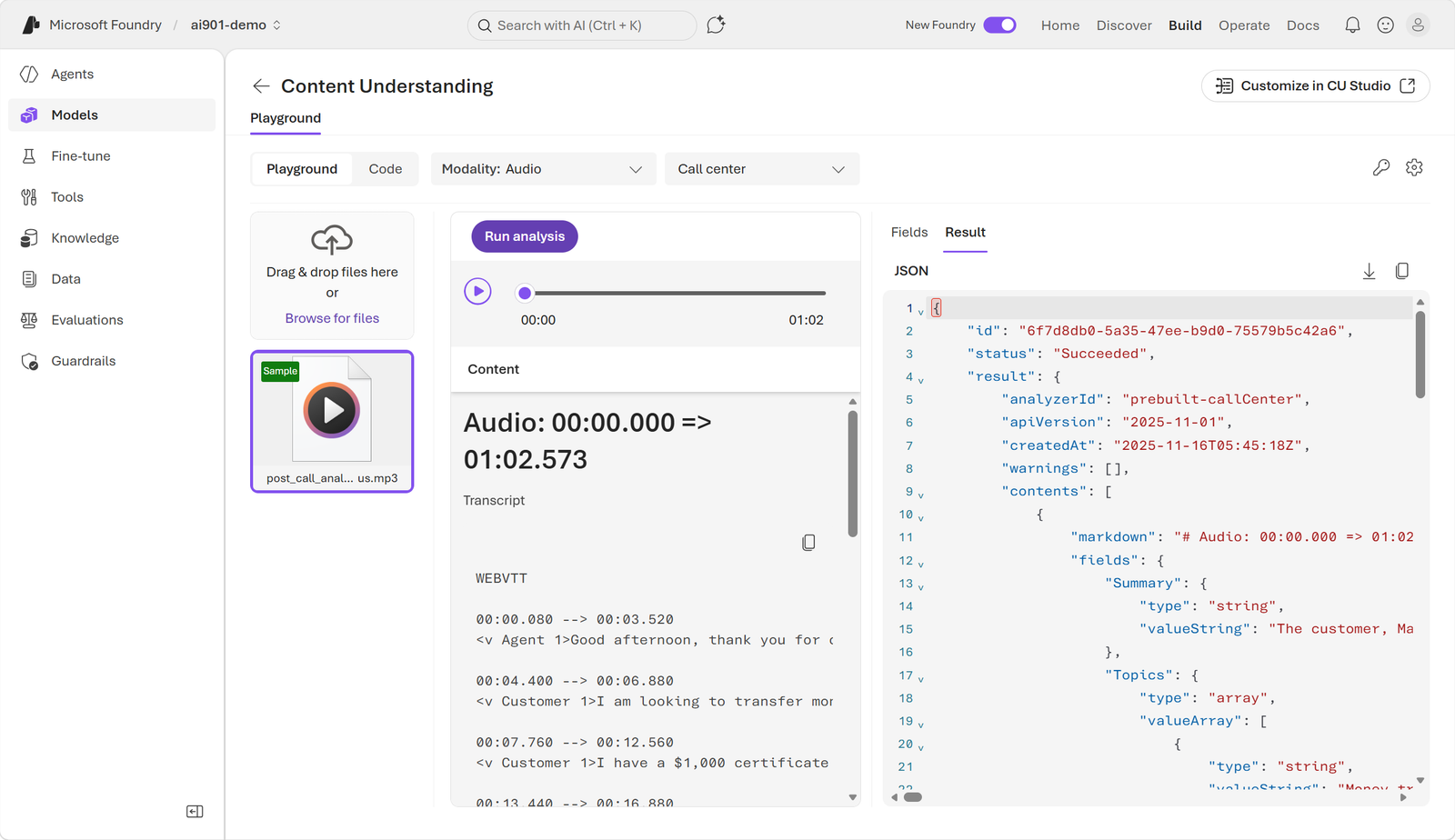 Original screenshot of JSON results from audio analysis.