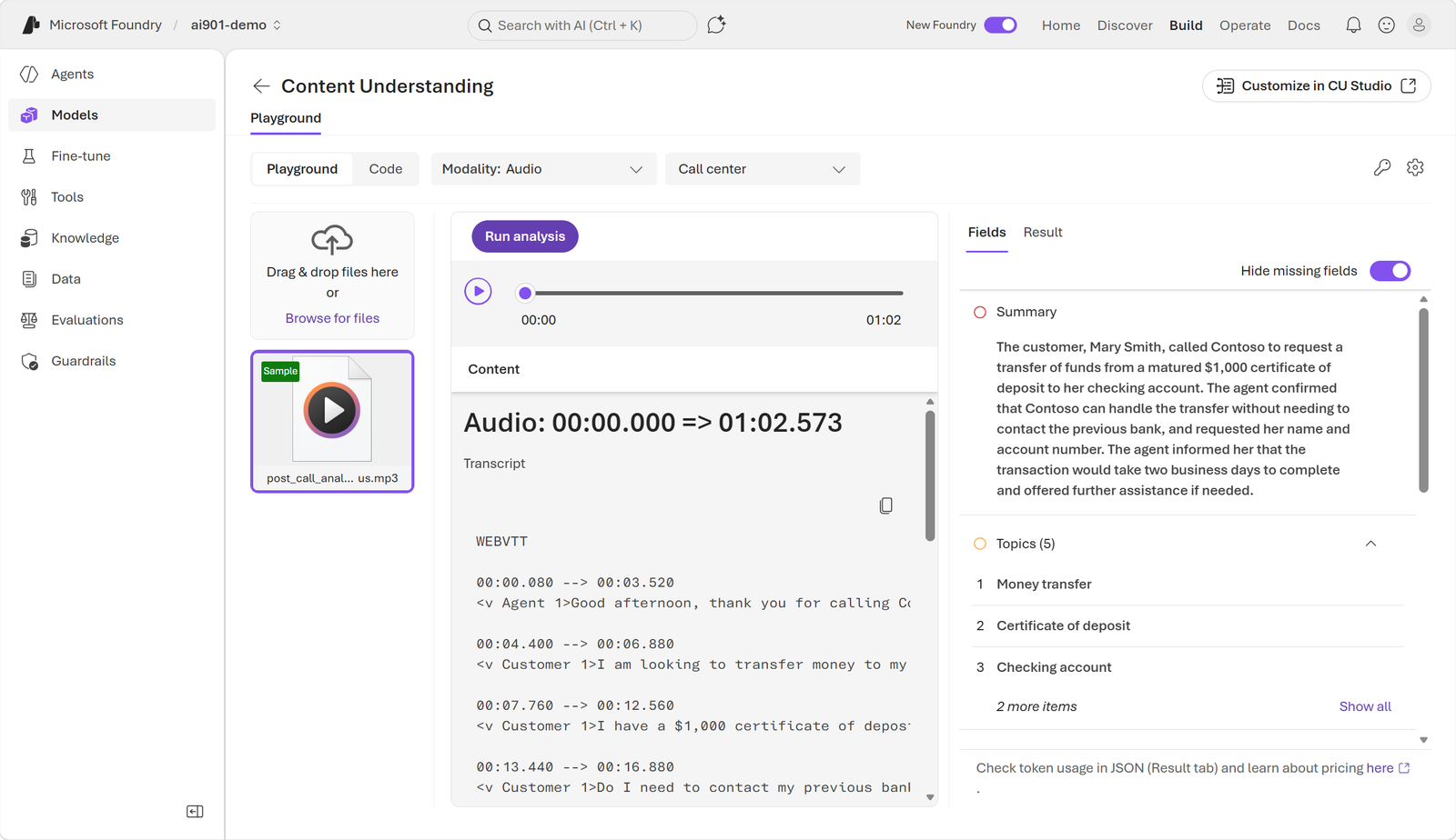 Original screenshot of an audio transcript in the Microsoft Foundry portal.