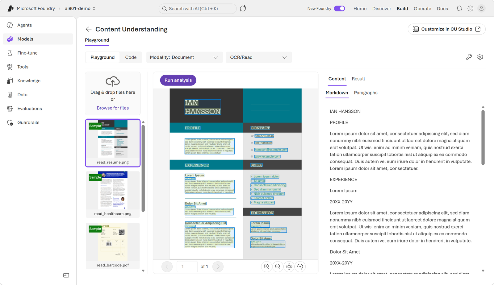 Original screenshot of the Microsoft Foundry portal analyzing an identity document.