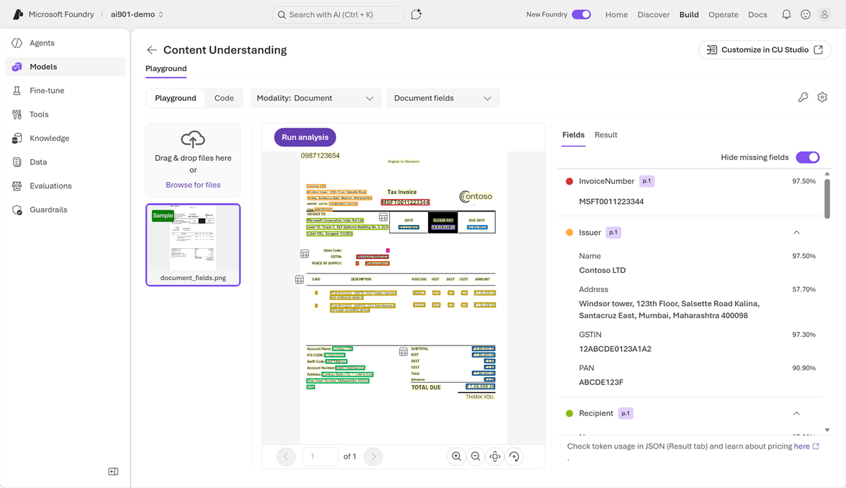 Original screenshot of the information-extraction exercise in Microsoft Foundry.