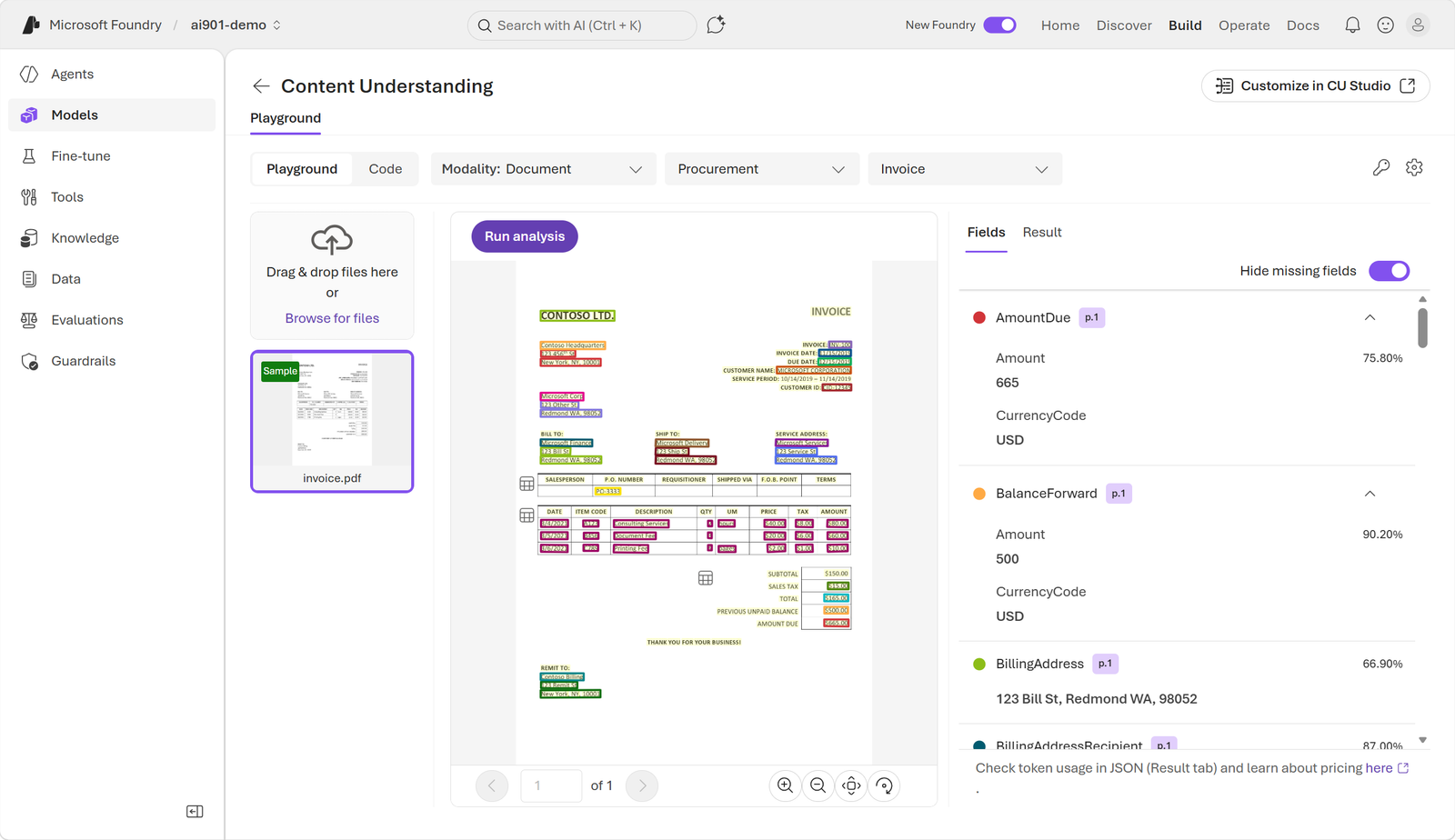 Original screenshot of invoice fields in the Microsoft Foundry portal.