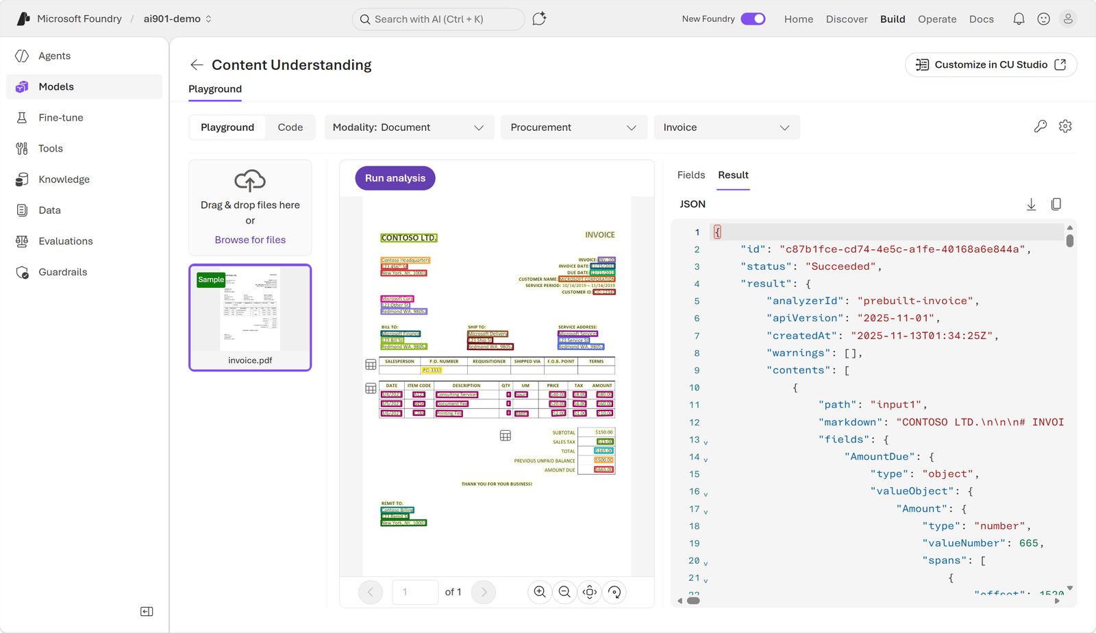 Original screenshot of invoice JSON in the Microsoft Foundry portal.