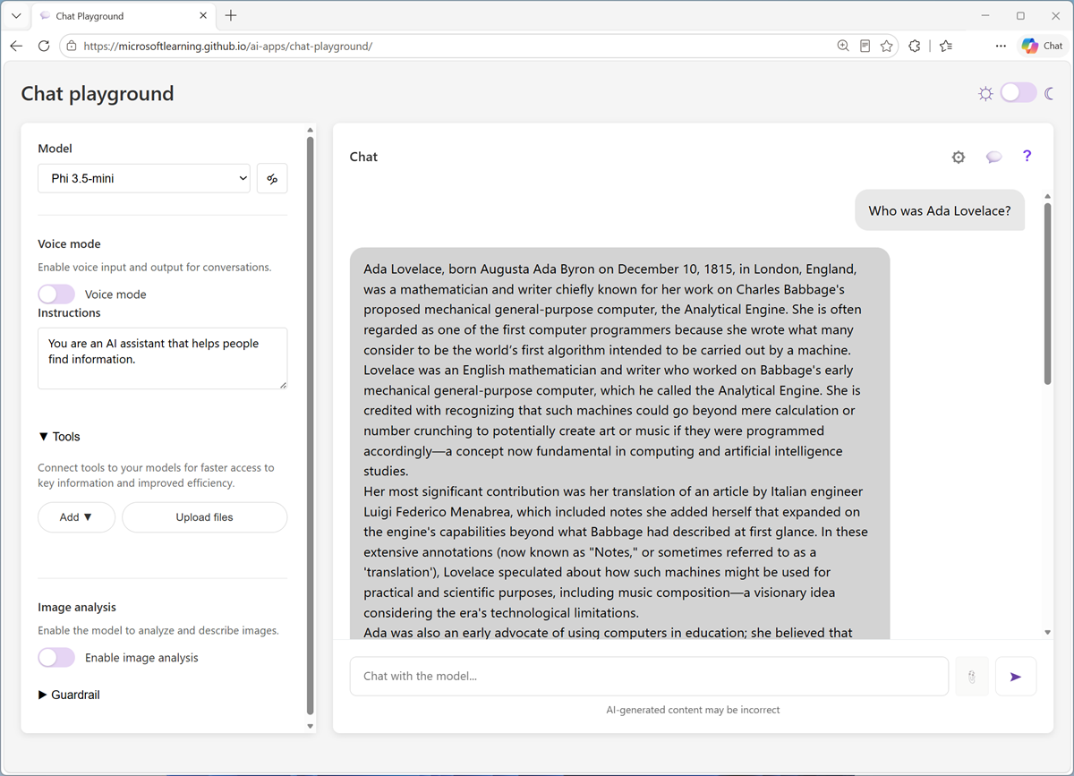 Captura original del chat playground utilizado en el ejercicio de IA generativa.
