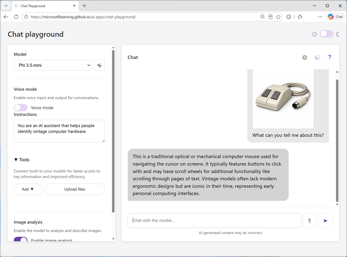 Original Chat Playground screenshot describing computer hardware.