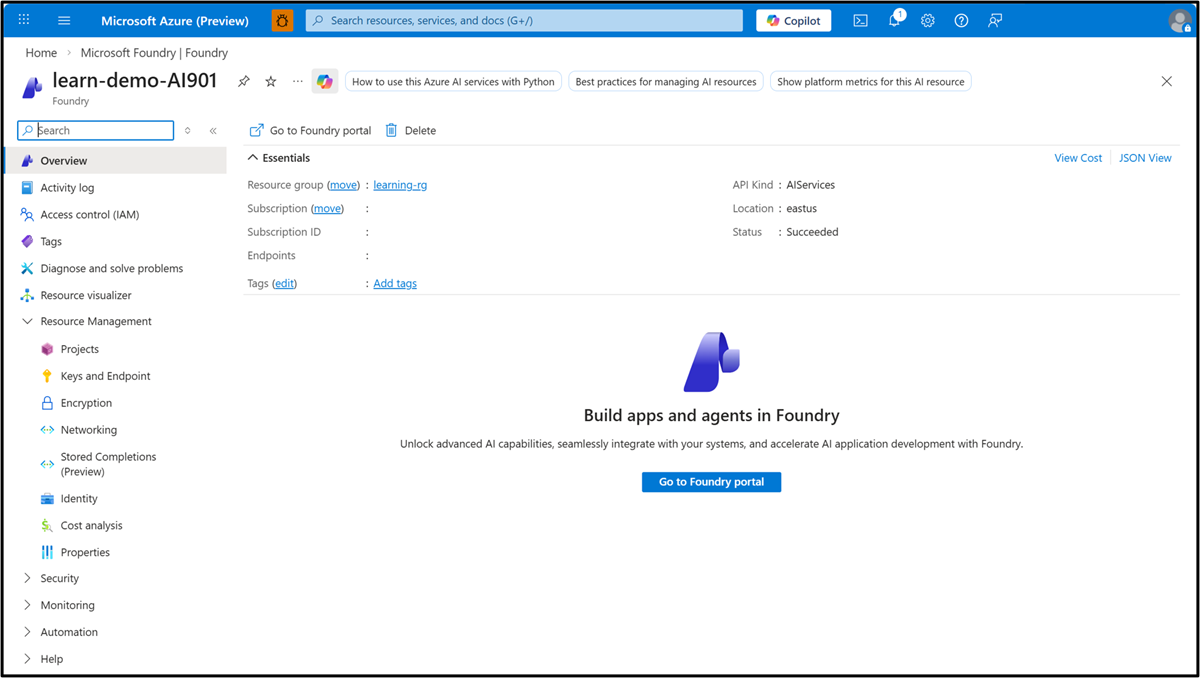 Original Microsoft Foundry resource screenshot in the Microsoft Azure portal.