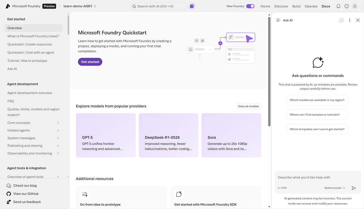 Original Microsoft Foundry quickstart and Ask AI screenshot.