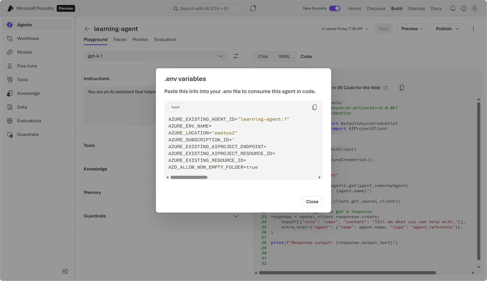 Original environment-variable dialog for a Microsoft Foundry agent.