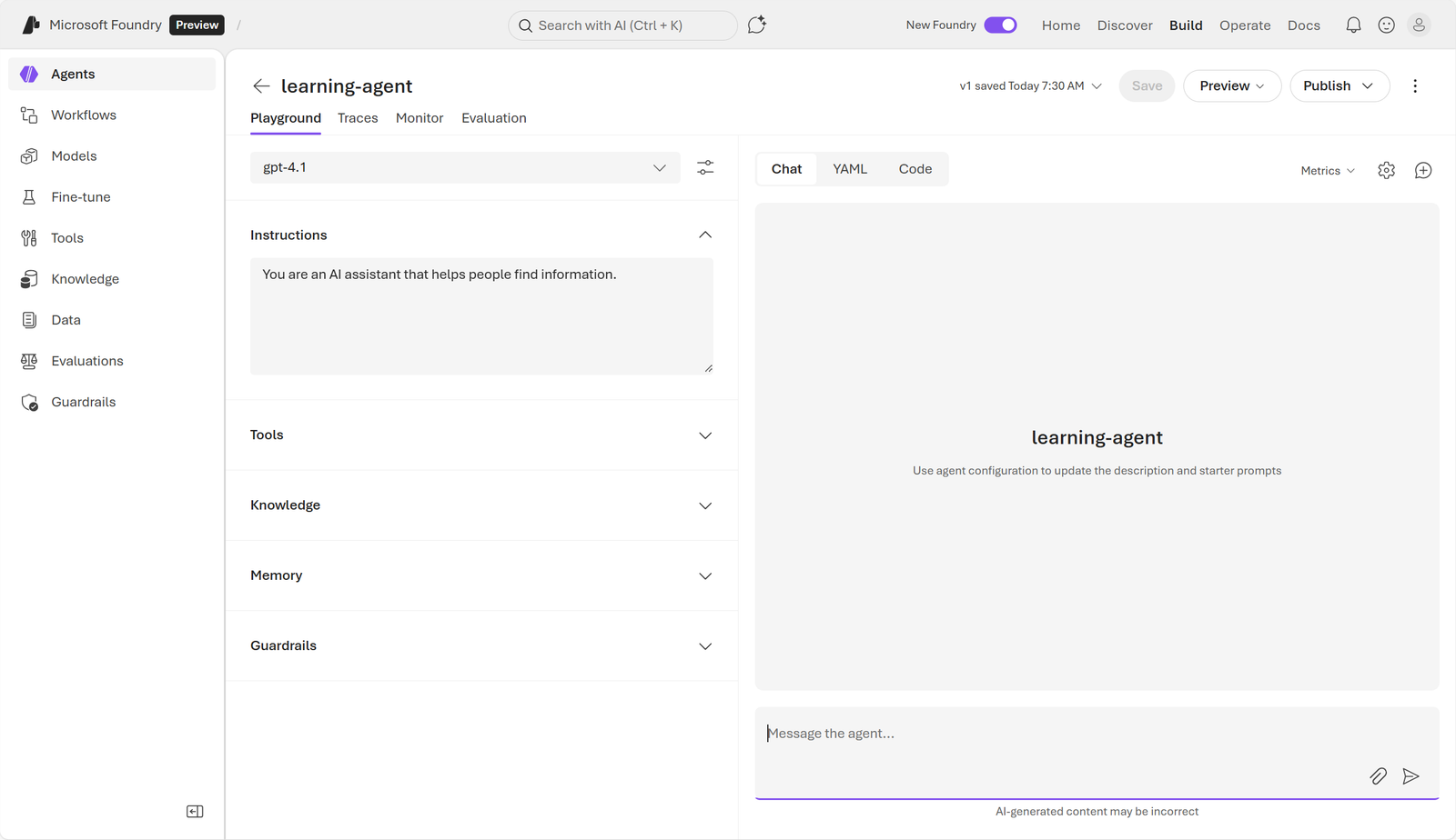 Original learning-agent opened in the Microsoft Foundry Playground.