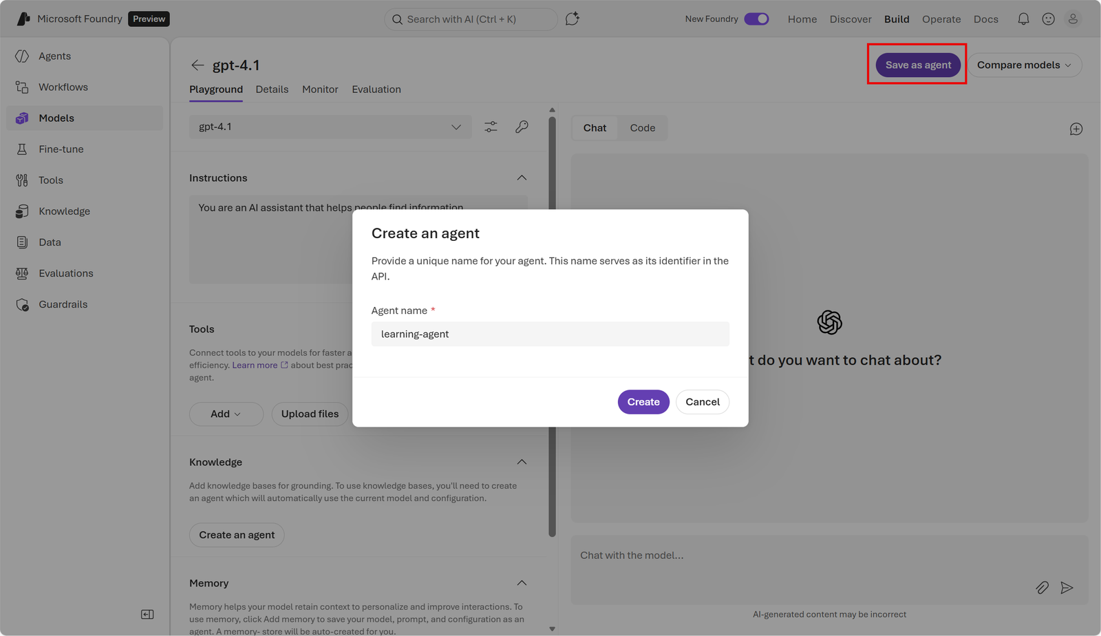 Original Create an agent dialog in Microsoft Foundry.