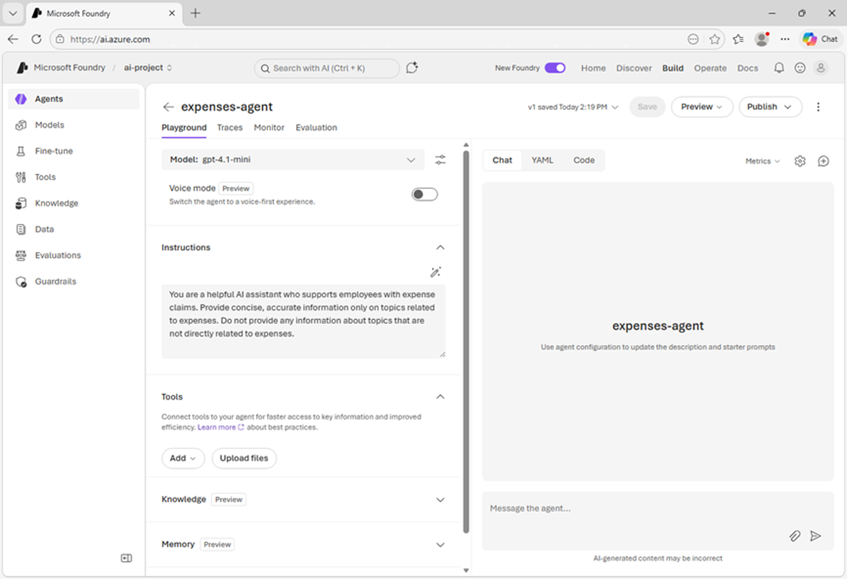 Original expenses agent screenshot from the Microsoft Foundry exercise.