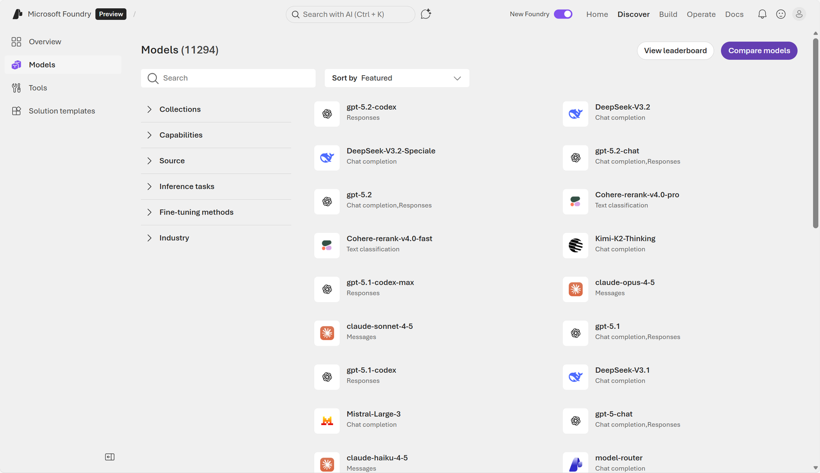 Original Microsoft Foundry model catalog screenshot with filters and providers.