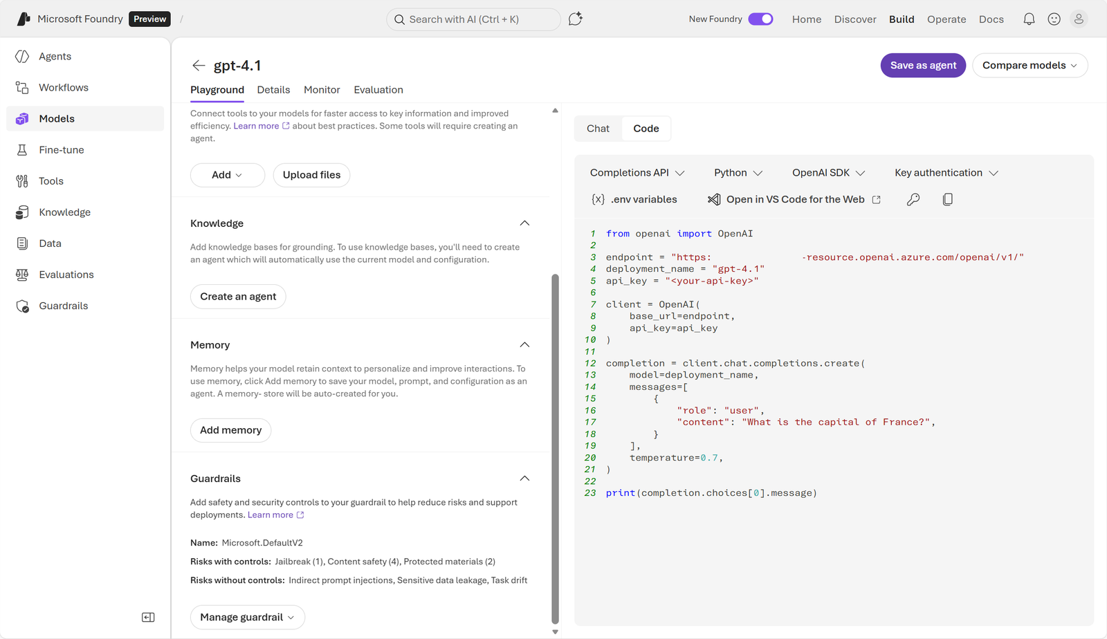 Original code view generated by the Microsoft Foundry Playground.