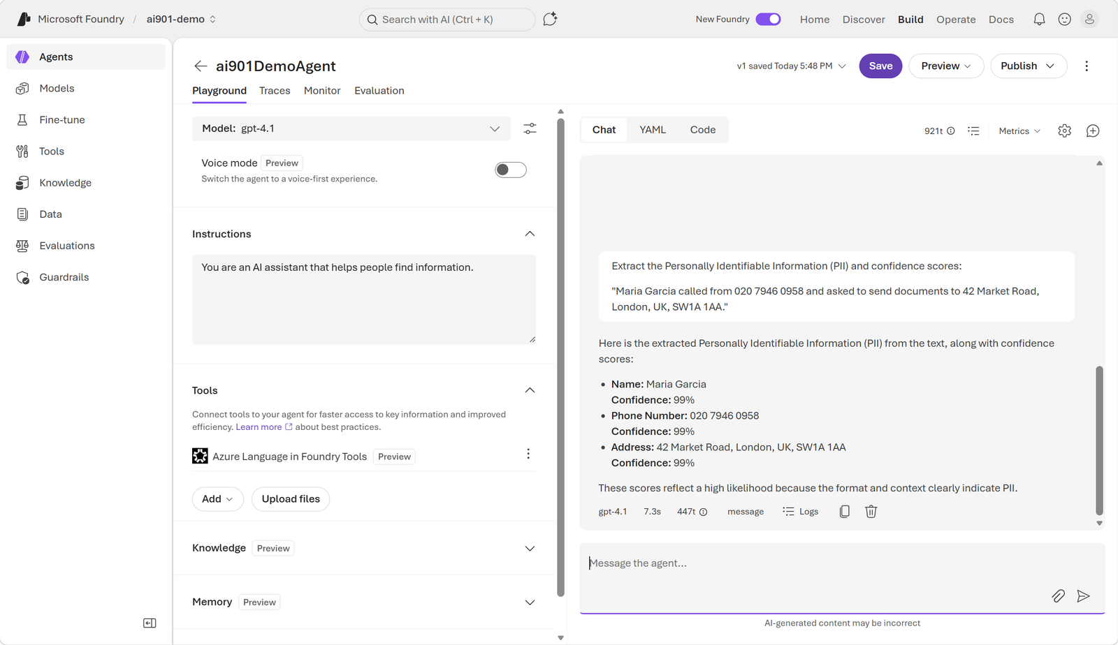 Original screenshot of an agent using an Azure Language tool.