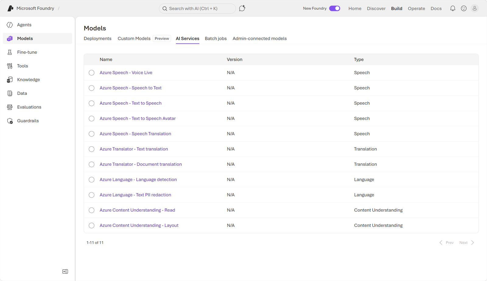 Original screenshot of the AI services list in Microsoft Foundry.