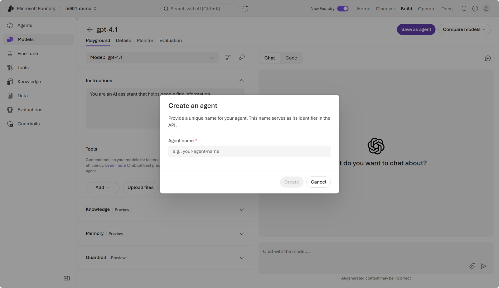Original screenshot of agent creation in Microsoft Foundry.
