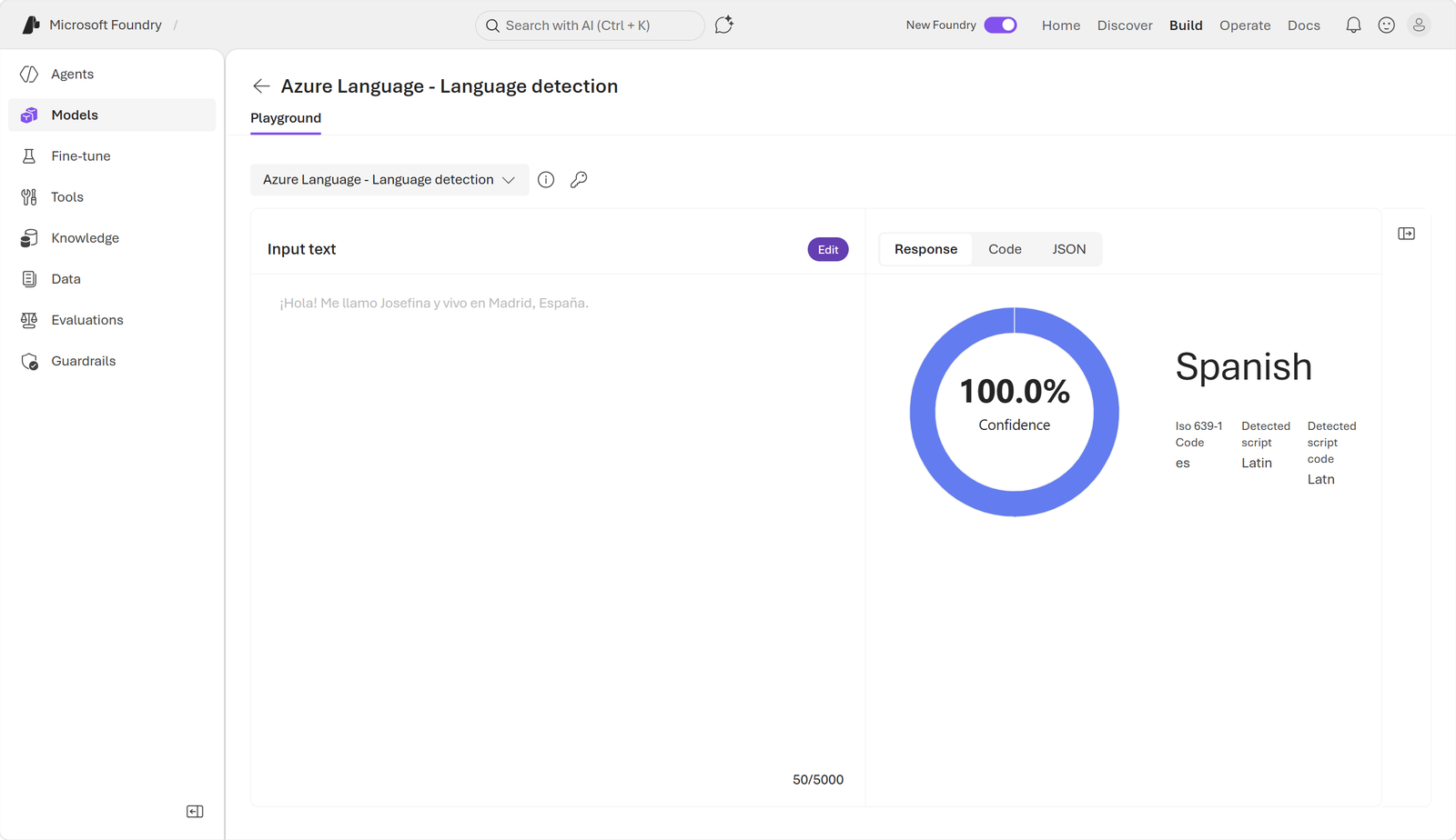 Original Azure Language language-detection screenshot.