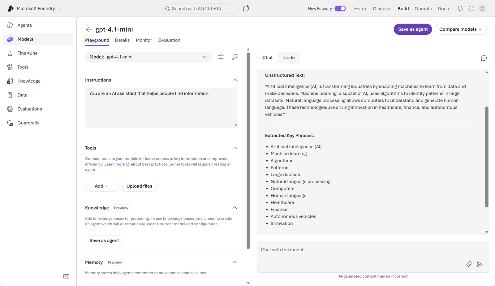 Original Microsoft Foundry playground screenshot showing text analysis with gpt-4.1-mini.