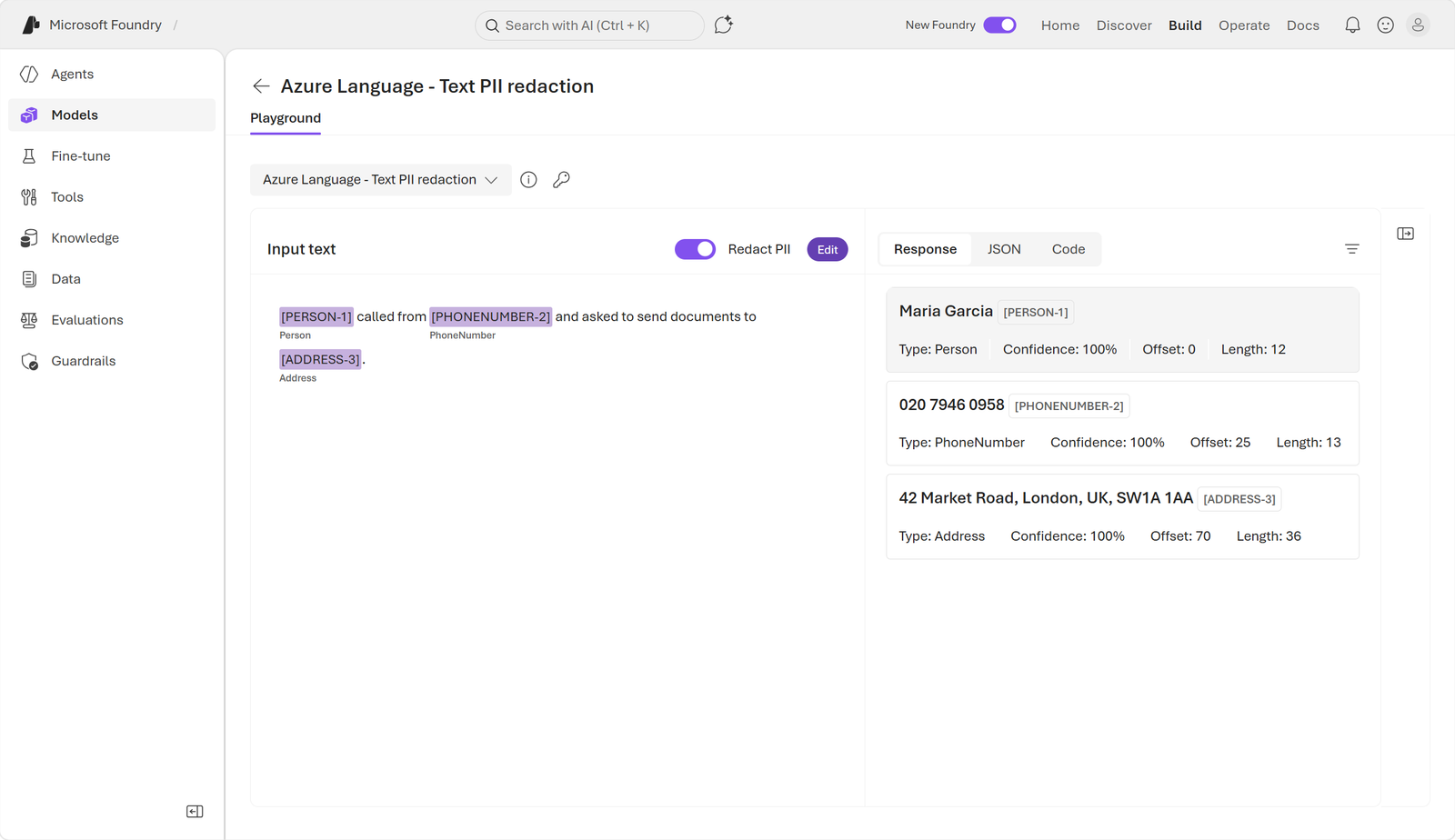 Original Azure Language PII identification and redaction screenshot.