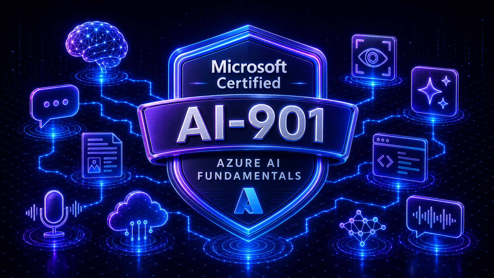 Neon Microsoft Certified AI-901 Azure AI Fundamentals shield surrounded by generative AI, vision, speech, cloud, and agent symbols