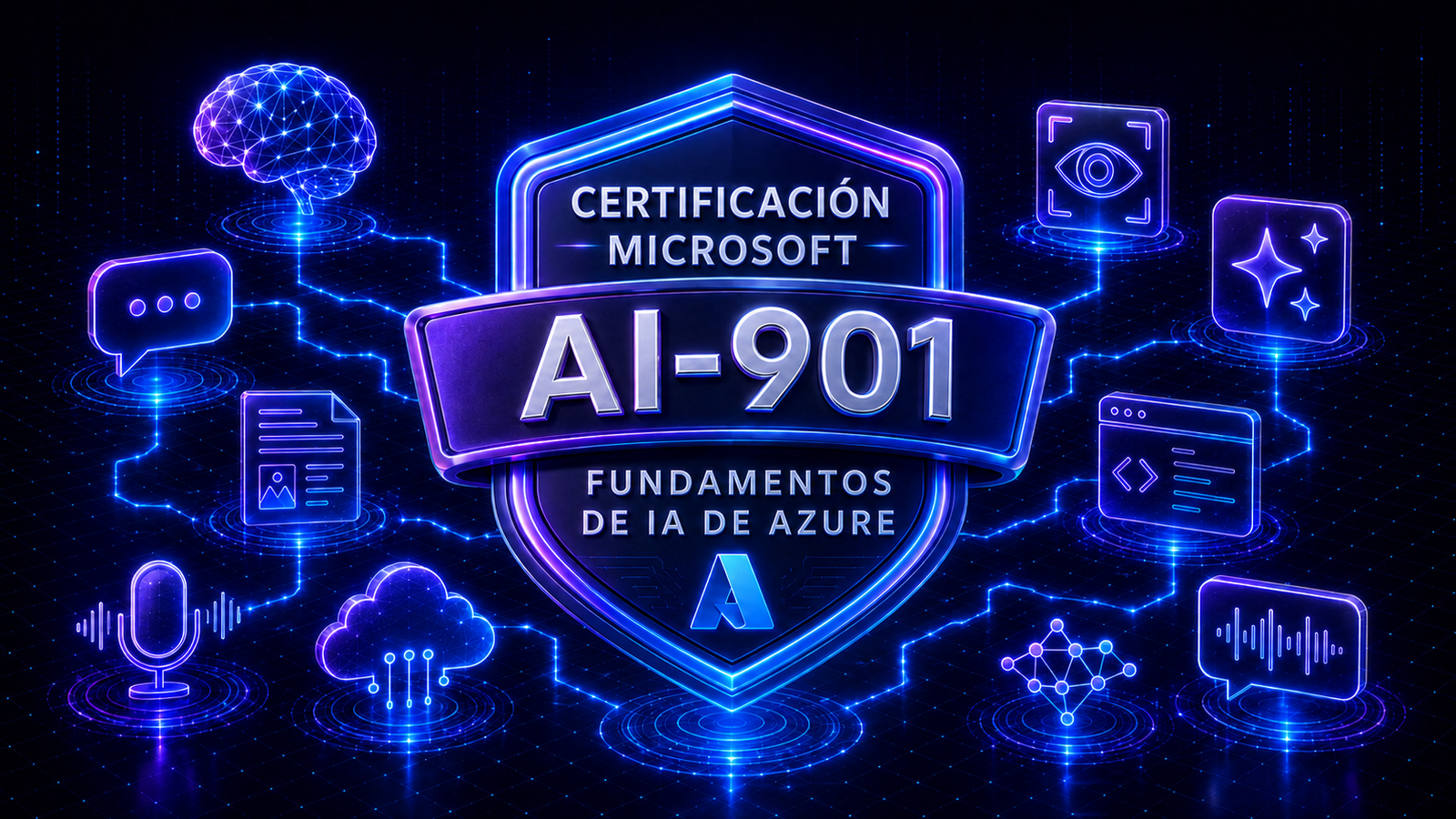 Escudo neón Microsoft Certified AI-901 Azure AI Fundamentals rodeado de símbolos de IA generativa, visión, voz, nube y agentes