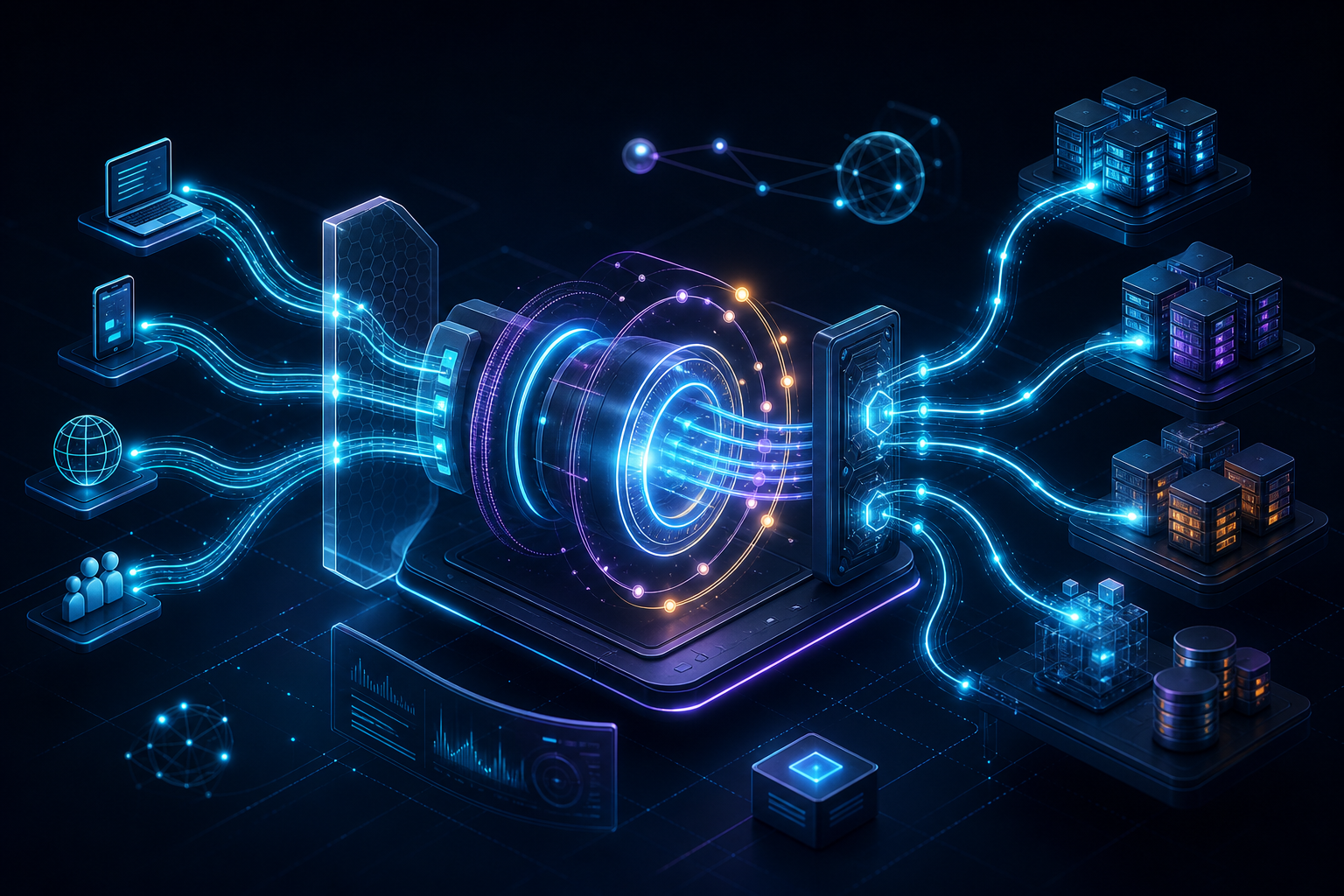 API Gateway central que media consumidores, políticas y servicios backend