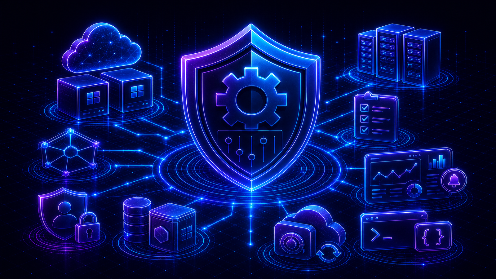 Escudo neón de administrador de Azure rodeado de máquinas virtuales, redes, almacenamiento, identidad, gobernanza, supervisión, copias de seguridad e infraestructura como código