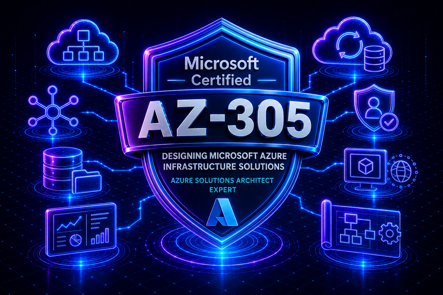 Neon AZ-305 data architecture connecting Azure Data Factory, Azure Data Lake Storage, Azure Databricks, Azure Synapse Analytics, and Azure Stream Analytics