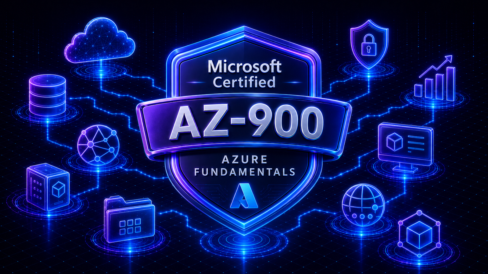 Neon Azure Fundamentals shield surrounded by cloud, compute, networking, storage, identity, governance, and analytics symbols