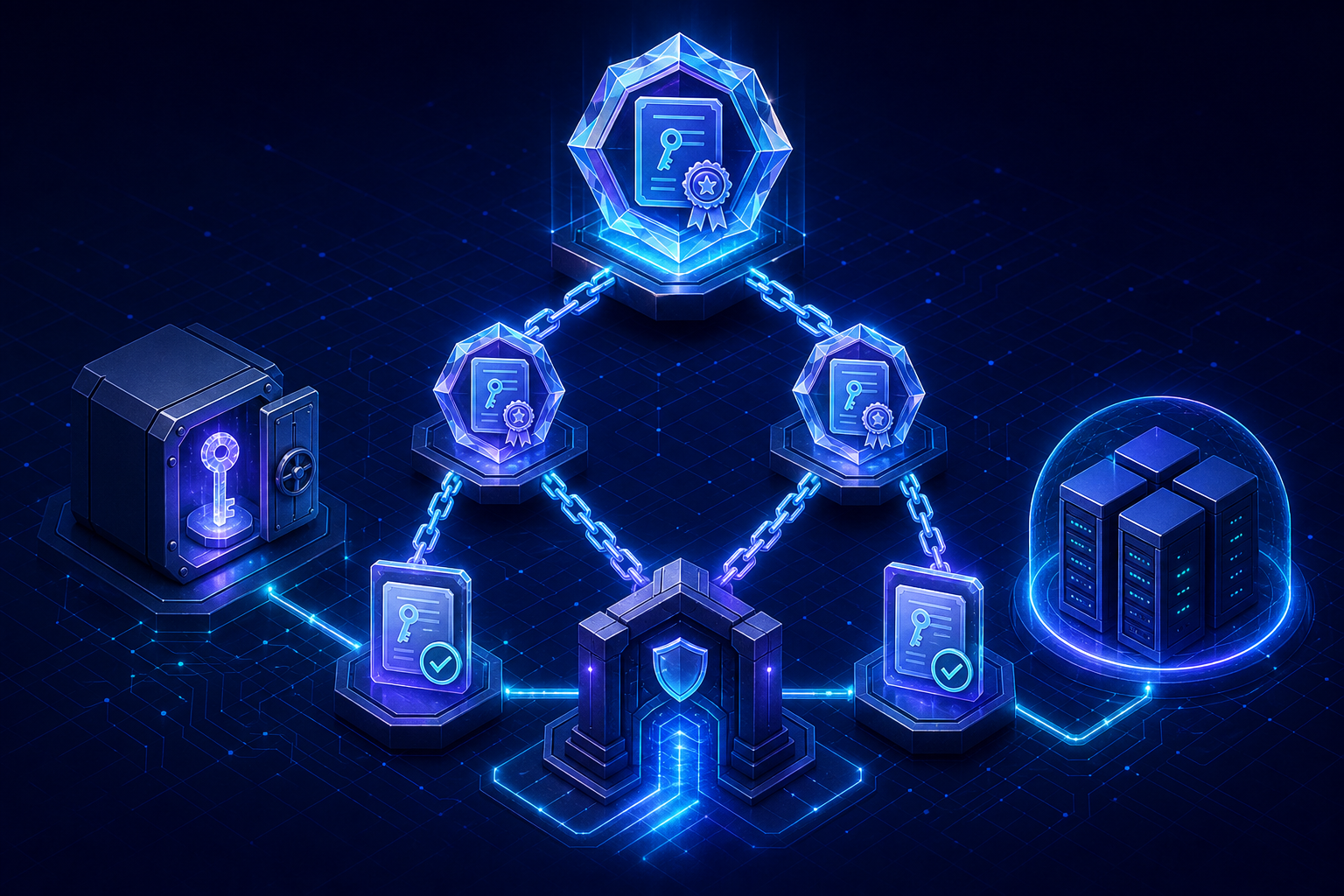 Cadena de confianza PKI que conecta una CA raíz, certificados, un HSM, un API Gateway y servidores