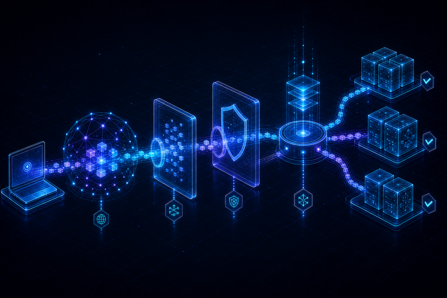 DNS, NAT, reverse proxies, and load balancers guiding a request toward backend pools