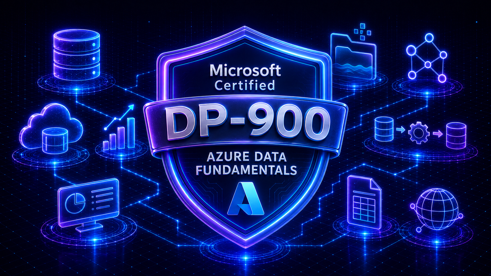 Neon Azure Data Fundamentals shield surrounded by relational tables, documents, storage, streaming, databases, and analytics