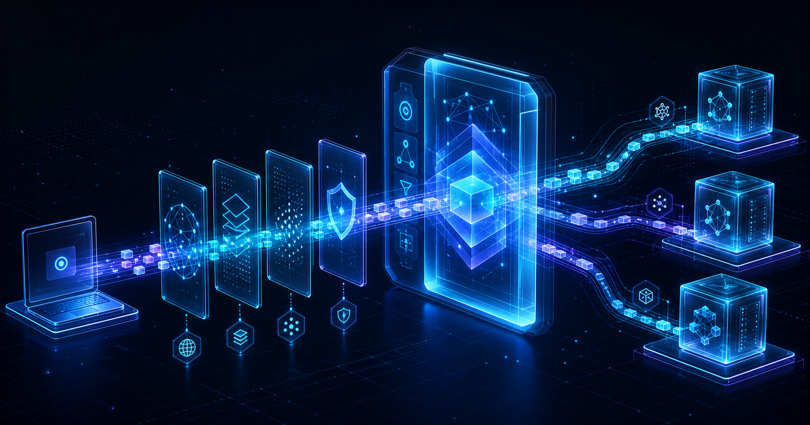 Fluxo de uma chamada de API atravessando camadas de rede e um API Gateway