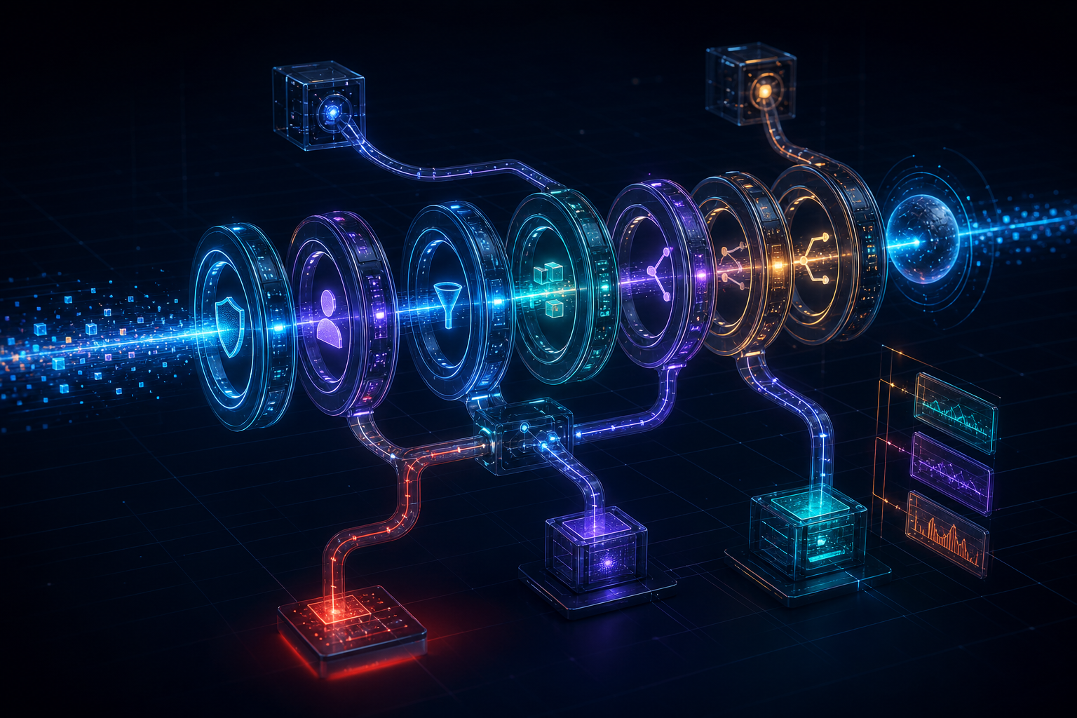 Pipeline luminoso de policies procesando una llamada de API
