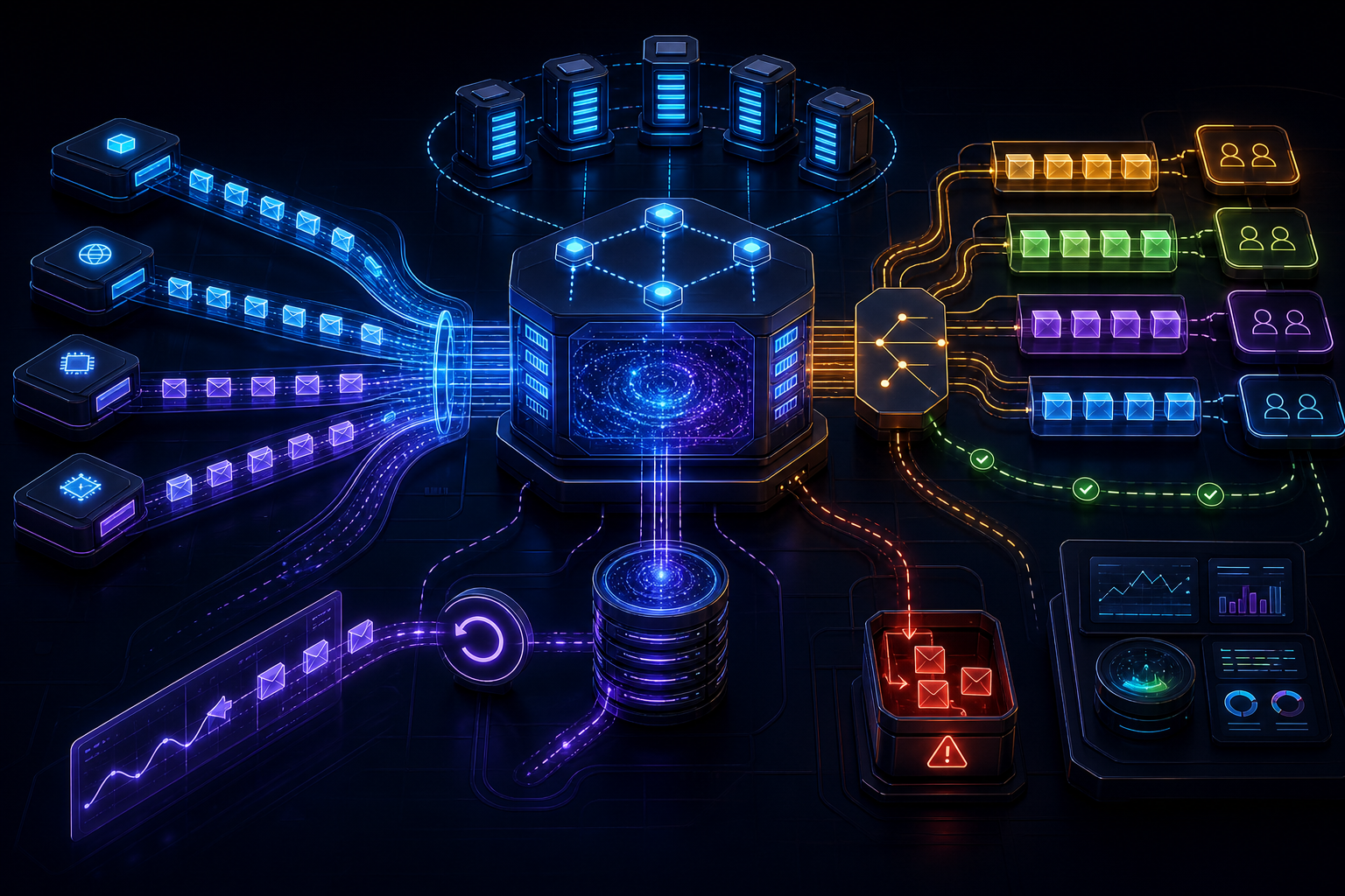 Enterprise broker distributing durable messages across producers, partitions, queues, and consumers